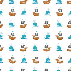 Pirate boat and whale Seamless pattern. Cute Doodles pirate sketch. Hand drawn Cartoon Vector illustration