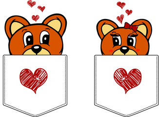 Enamored bears.Vector template for design T-shirts. Fashion graphic for apparel. Character image bears for children. Pocket for print. 