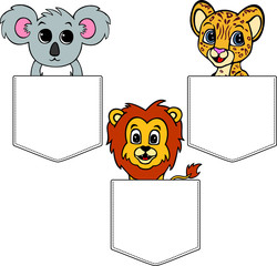 Koala, jaguar and lion in cartoon style. Pocket for print. Vector template for design T-shirts. Fashion graphic for apparel. Character image animals for children