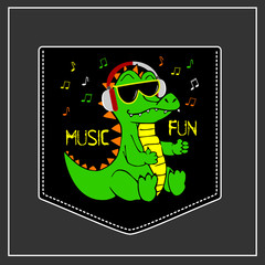 Crocodile in sunglasses listening to music in headphones. Pocket for print. Vector template for design T-shirts. Fashion graphic for apparel. Character image alligator for children