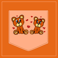 Enamored bears.Vector template for design T-shirts. Fashion graphic for apparel. Character image bears for children. Pocket for print. 