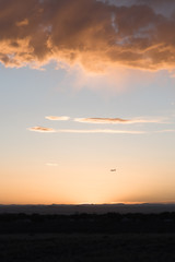 An airplane flying close to the ground during a sunset. 