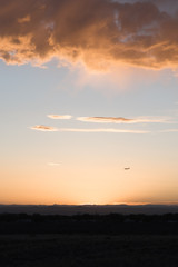 An airplane flying close to the ground during a sunset. 