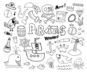 Pirate Doodles Set. Cute pirate items sketch collection. Hand drawn Cartoon Vector illustration