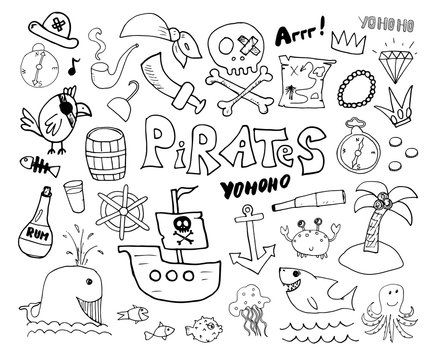 Pirate Doodles Set. Cute pirate items sketch collection. Hand drawn Cartoon Vector illustration
