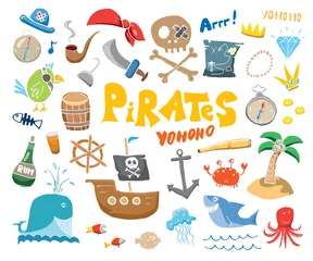 Fototapete Piraten Piraten-Doodles-Set. Nette Piratenartikel-Skizzensammlung. Handgezeichnete Cartoon-Vektor-Illustration