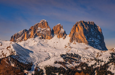 Sassolungo Langkofel peak on Sella Ronda ski circuit around the Sella group in Northern Italy, Trentino, Alto Adige, Belluno, Italy. January 2020