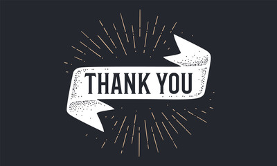 Flag ribbon Thank You. Old school flag banner with text Thank You. Ribbon flag in vintage style with linear drawing light rays, sunburst and rays of sun, text thank you. Vector Illustration