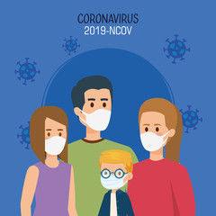 parents with children using face mask and particles 2019 ncov vector illustration design