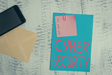Text sign showing Cyber Security. Business photo showcasing Protect a computer system against unauthorized access Envelope blank sheet paper sticky note smartphone wooden vintage background