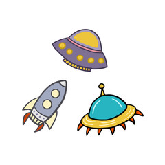 Spaceships. Flying Saucers. Rocket. Set of vector illustrations in cartoon style.