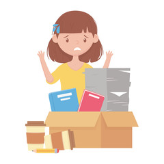 stress at work, exhausted female employee with stack of documents books on box and coffee cups