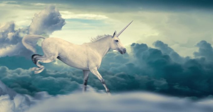 Animat unicorn running and jumping on clouds in the sky.