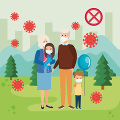 grandparents with grandchildren using face mask in landscape vector illustration design