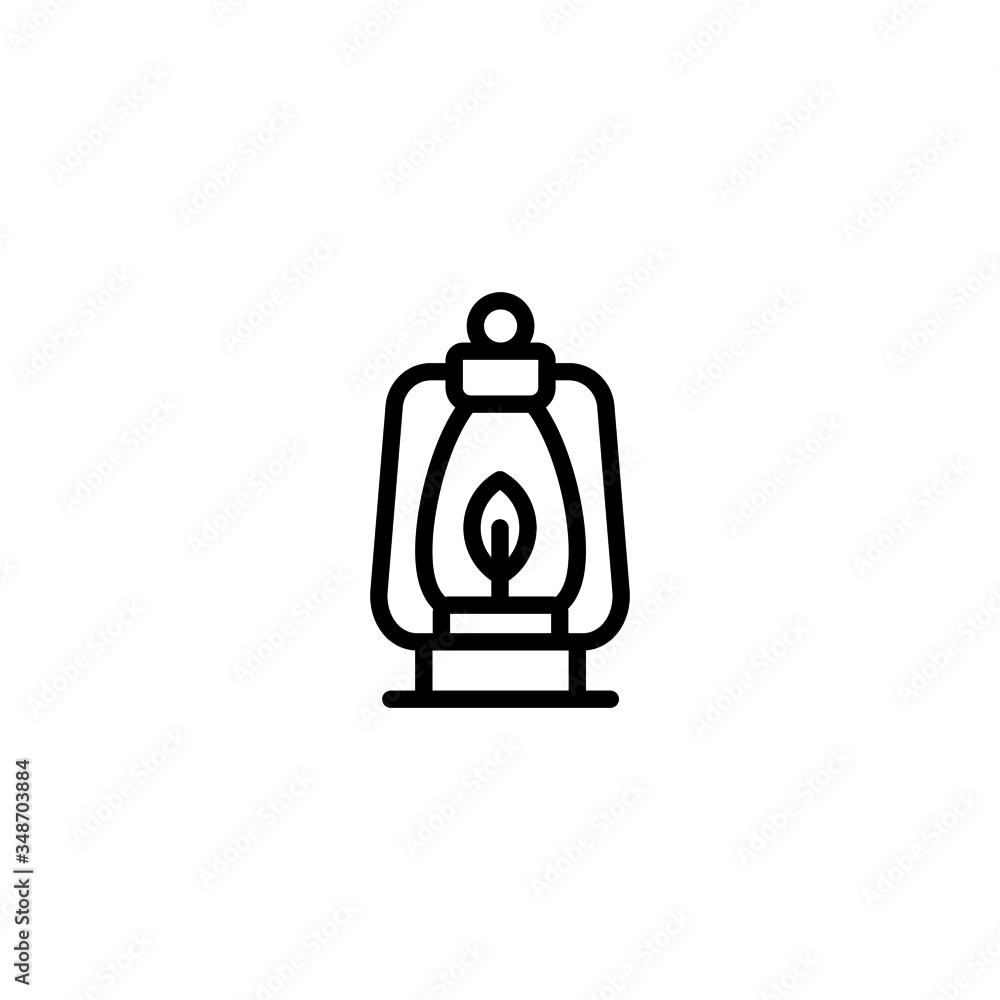 Poster kerosene lamp icon symbol in linear, outline icon isolated on white background
