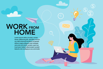 Work from home concept. A woman works remotely as a freelancer, sitting comfortably with her laptop. Icons for email, ideas, and earning money represent a flexible, productive home office lifestyle.