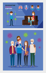 set scenes of campaign by covid 19 with families using face mask vector illustration design
