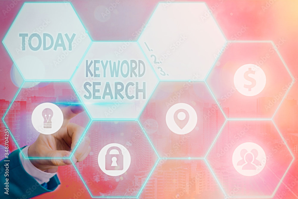 Poster writing note showing keyword search. business concept for using word or term to look correct subject