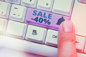 Conceptual hand writing showing Sale 40 Percent. Concept meaning A promo price of an item at 40...
