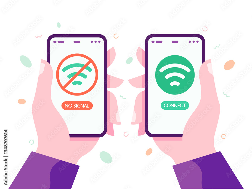 Poster hands holding smartphones. wifi searching mobile interface, cell phone search and connection wi-fi. 