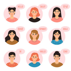 Multilingual girls. Young women say hello in different languages, greeting friendly girls from diverse cultures vector illustration icons set