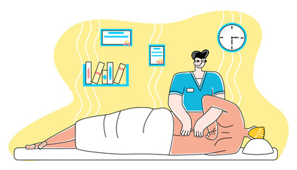Vector flat illustration of osteopathic, chiropractor treating patient in his office. Concept alternative therapy, physiotherapy, and manual interventions.
