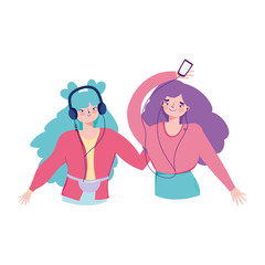 happy girls listening music with smartphone and headphones