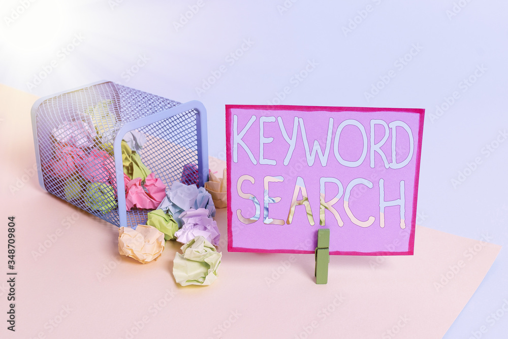 Poster conceptual hand writing showing keyword search. concept meaning using word or term to look correct s