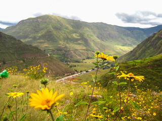Panoramic view at Sacred Valley of Incas as seen from the hill at Pisaq near Cusco in Peru - obrazy, fototapety, plakaty