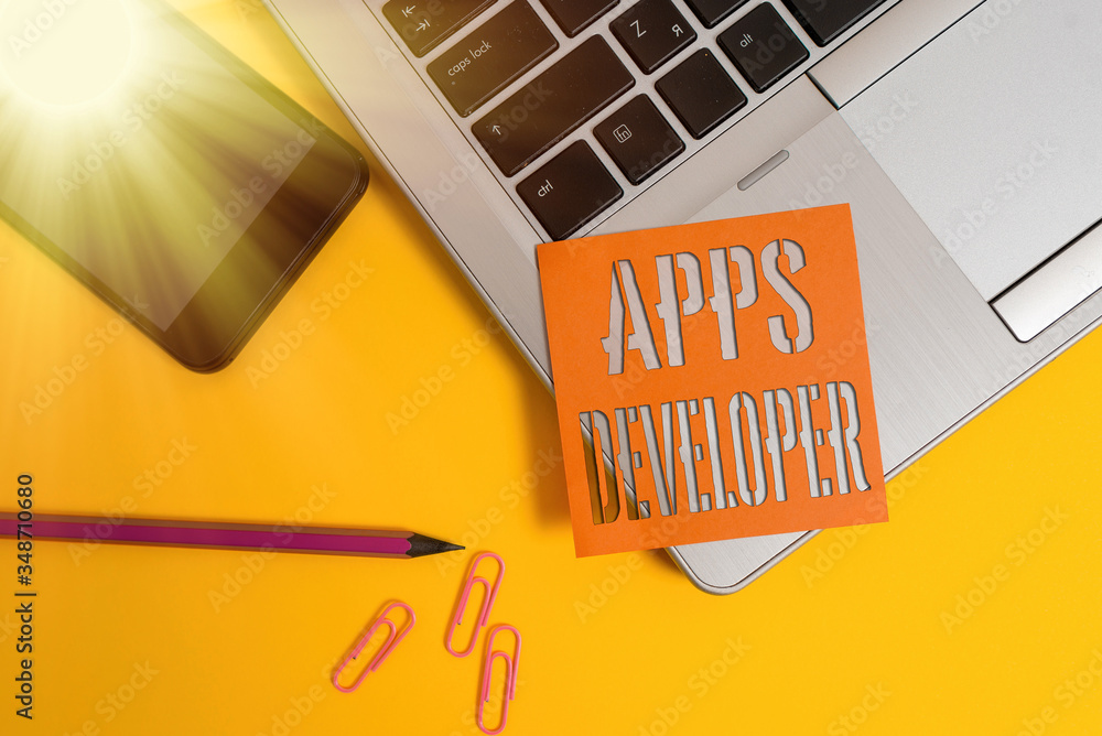 Poster text sign showing apps developer. business photo showcasing graphic artist software programmer and a