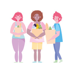 people queue with bags with supermarket food, avoid crowded places, coronavirus prevention