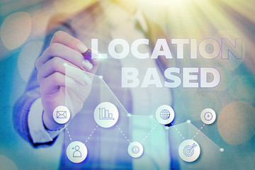 Writing note showing Location Based. Business concept for Mobile marketing to target users within same geographic area