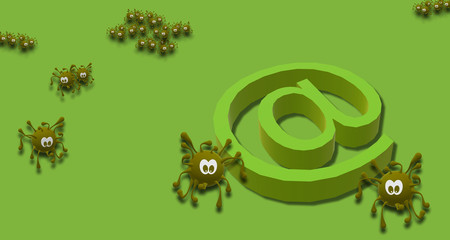 Email sign. Communication. 3D Illustration with the simulated virus graphic in green drawing. Global Pandemic. Files and data. Electronic mail symbol. Covid-19. Coronavirus worldwide outbreak. 