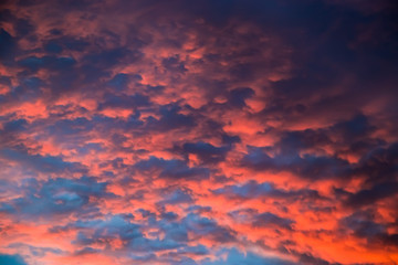 Naklejka na ściany i meble Beautiful sky at sunset. Purple and pink unusual clouds. Blurred background for design.