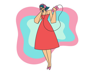 Trendy young happy woman listening to music with her headphones on background colorful. Flat design vector illustration