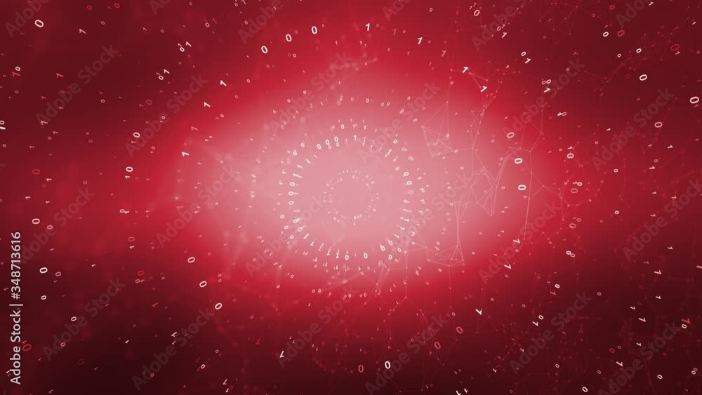 Poster red artistic binary data rotation animation background.