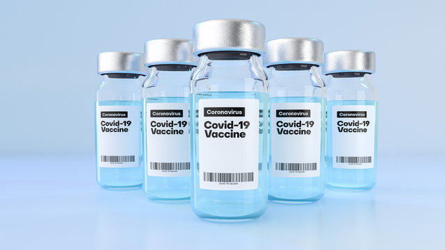 Array of novel coronavirus covid-19 vaccine bottles. 3d illustration.