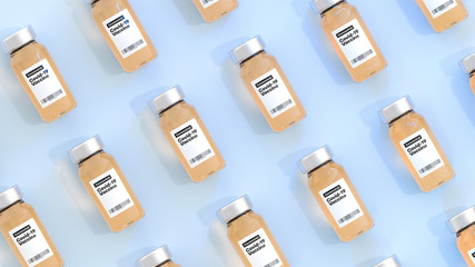 Top view of vaccine bottles for covid-19 coronavirus. 3d illustration.