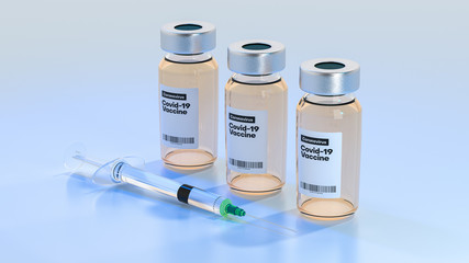 Three bottles of concept cure for covid-19 coronavirus. Vials and syringe. 3d illustration.