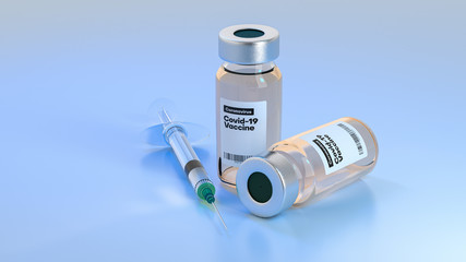 Concept illustration of two bottles of novel coronavirus covid-19 vaccine. 3d render.