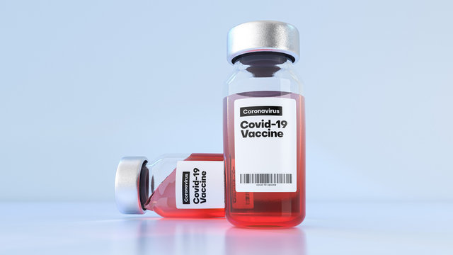 Conceptual illustration of vaccine bottles for novel coronavirus covid-19. 3d render.