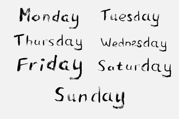 The days of the week, hand-drawn with a brush. All days of the week are written by hand. Vector eps illustration.