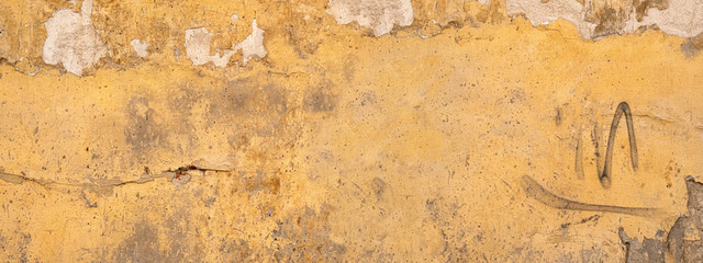 Distressed Yellow Brown Old Brick Wall For Graffiti and Street Art. Background, Painted Lines And Draw. Abstract Plastered Wall Web Banner. Design Element.