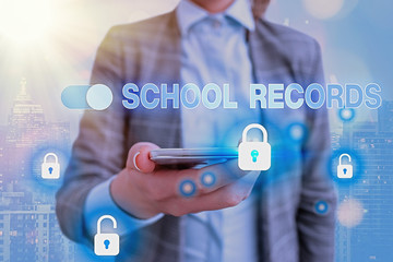 Text sign showing School Records. Business photo showcasing Information that is kept about a child at school Biography