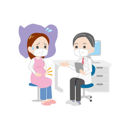 マスクをして不安な様子で診察を受ける妊婦