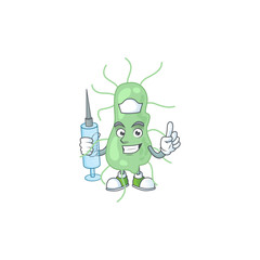 A humble Nurse salmonella Cartoon character holding syringe