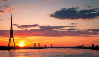 Sunset in Riga over a river of Daugava