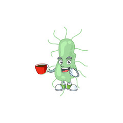 A mascot design character of salmonella drinking a cup of coffee