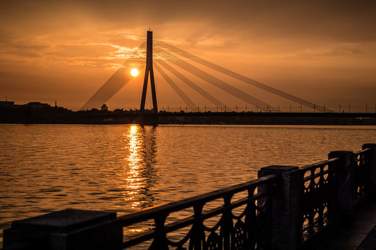 Sunset in Riga over a river of Daugava