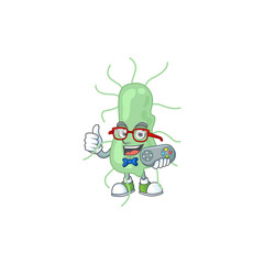 Cartoon mascot design of salmonella play a game with controller